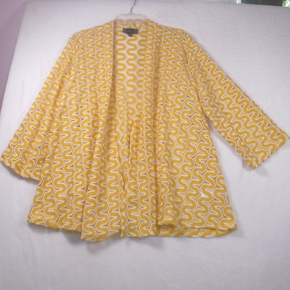 Slinky Brand Womens XL Yellow White Wavy Chevron Open Front Cardigan 3117A-22H13